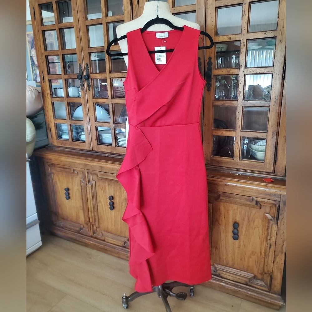 Sleeveless V-Neck Red Ruffle Midi Dress - Picture 4 of 10